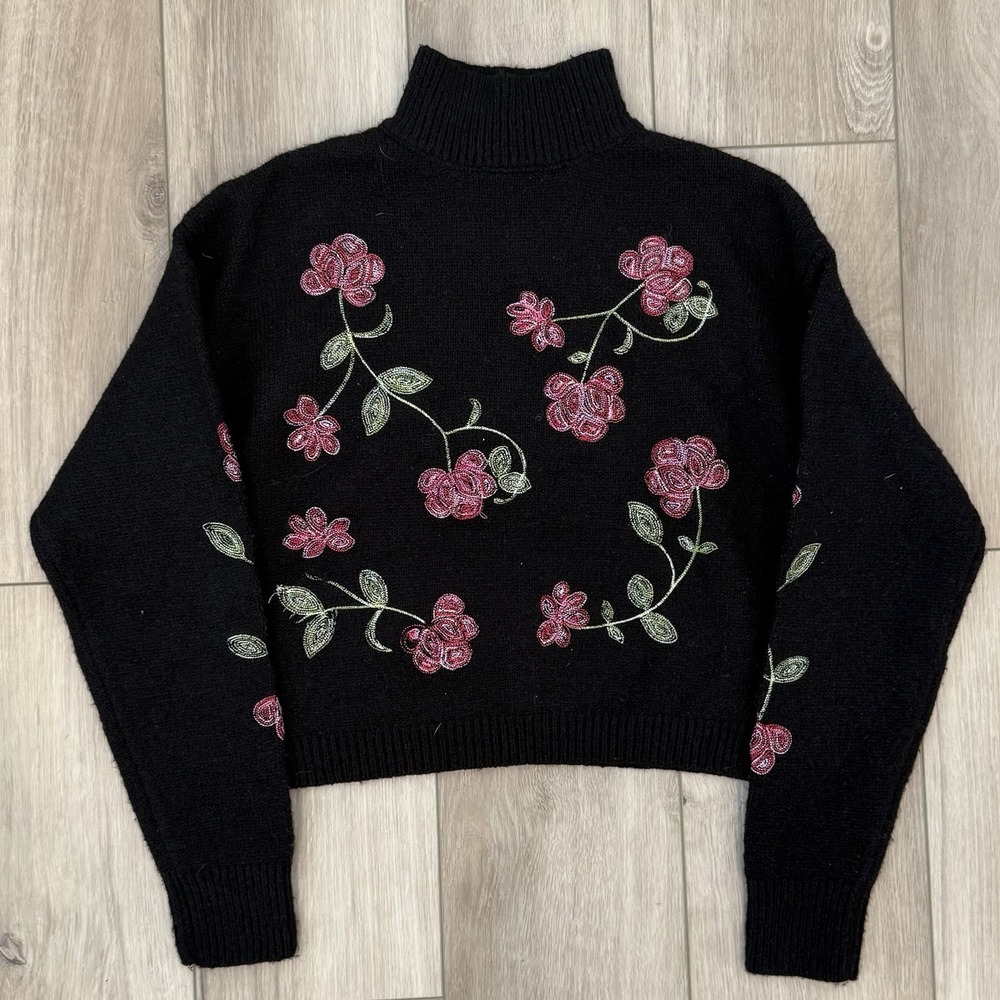ALYA Lightweight Knit Floral Embroidered Turtleneck Black Sweater Women's Small